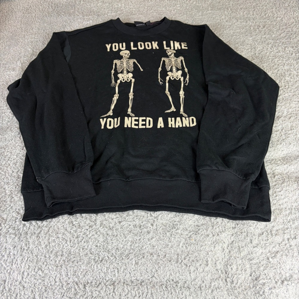 Mad Engine Mens Skeleton You Look Like You Need A Hand Sweatshirt Black Medium